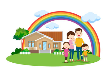 happy Big family on rainbow background of the house