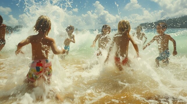 Playful water fight among children, swimsuits adorned with summer's lively palette