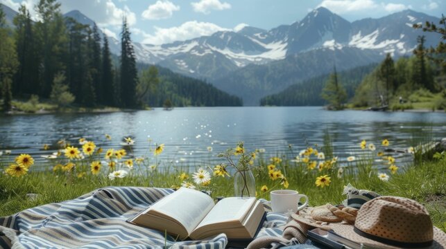 Relaxed reading by a mountain lake, summer's palette in the picnic setup