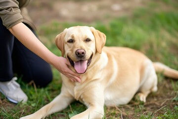 person rubbing belly of a labrador on grass