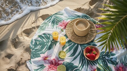 Fototapeta na wymiar Picnic by the sea, summer towels with tropical designs