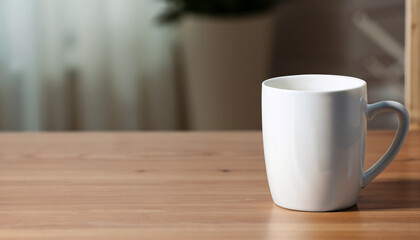 Fototapeta premium White ceramic mug on wooden table indoors. Space for text