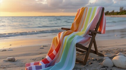 Towels with bold summer stripes draped over a beach chair, sunset illuminating the vivid colors