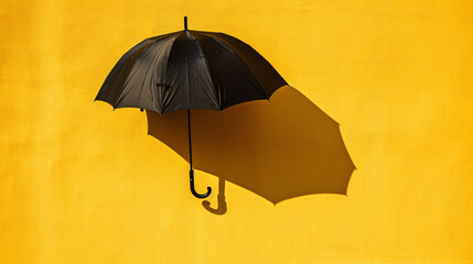 A black umbrella is hanging on a yellow wall.