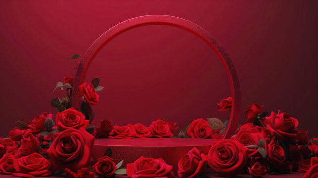 Round podium in the middle of red roses and an empty frame on an abstract dark red background
