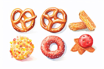 A set of watercolor pretzels and other sweets on a white background.Sweet pastry.