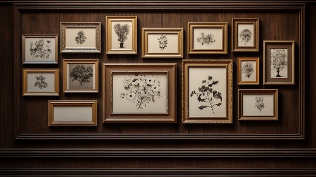 frames with pictures of plants on a wooden wall