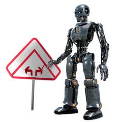 Road Narrows Directive by Robot on Transparent Background, PNG, Generative Ai