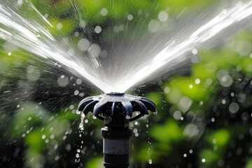 closeup of a lawn sprinkler head spraying water - obrazy, fototapety, plakaty