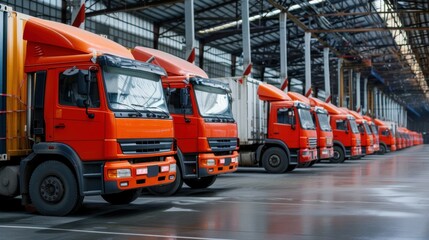 Many trucks of goods are parked in a large warehouse. Logistics and storage concepts