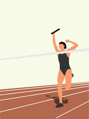 Relay running woman with baton raising hands in air. Sports and athletic concept vector art design.