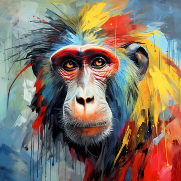 monkey illustration in jungles drawn by oil paints, close up