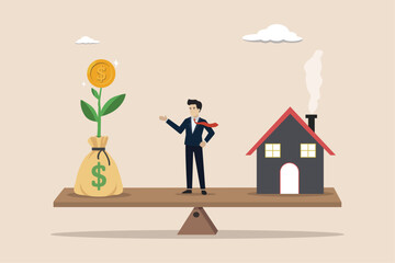 Decision between pay off mortgage or invest in stock market, financial decision, option to choose concept, businessman think between pay off mortgage and invest for profit.