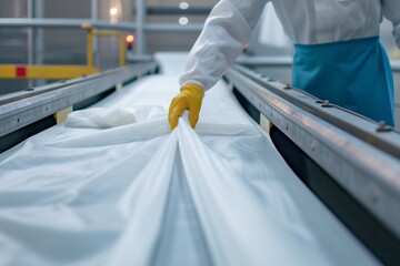 person inspecting nonwoven fabric on conveyor