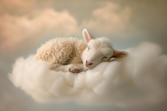 A little lamb sleeping on a cloud. Concept of children's dreamy dreams. Nursery theme