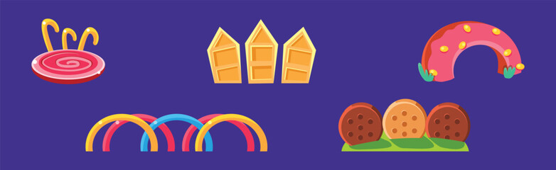 Amusement Park and Funfair Object with Sweet Pastry and Candy Vector Set