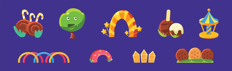 Amusement Park and Funfair Object with Sweet Pastry and Candy Vector Set