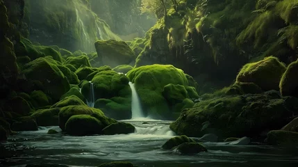 Foto op Plexiglas Enchanting scene of a waterfall cascading over moss-covered rocks in a serene, sunlit forest clearing. © doraclub