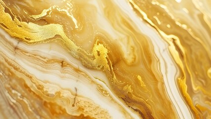 An elegant and fluid marble texture with swirling golden patterns on a creamy white background. - obrazy, fototapety, plakaty