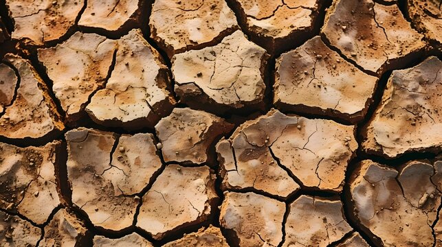 Sunlit close-up photo of cracked soil, highlighting the textures and patterns caused by extreme dryness.