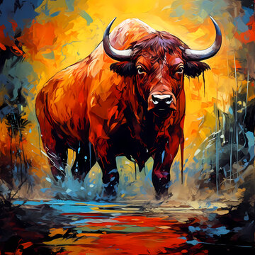 A Strong, Muscular Red Bull in jungle, colorful illustration