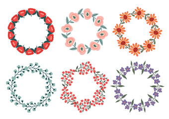 Vector floral wreath of spring flowers drawn in hand-drawn style. Vintage floral wreath. Decorative floral element for designing invitations, covers, notepads and other items, round floral frames. Eps