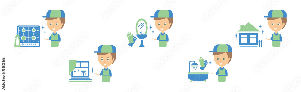 Poster cleanup service with man and housework flat icon vector set