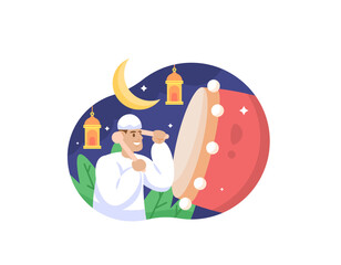 Illustration of a Muslim man beating a bedug. night background with crescent moon and lanterns. Concept Design Illustration for Ramadan, Eid al-Fitr, Eid al-Adha, Islamic themes. graphic elements. ui