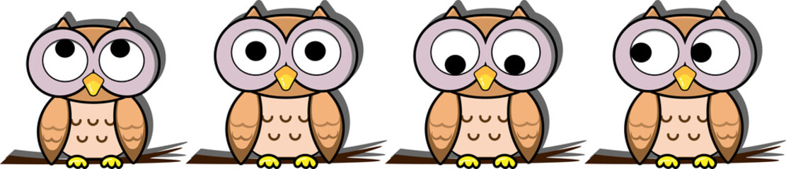 Set of cute cartoon big eye halloween night owl looking in different direction in isolated vector