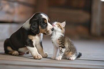 puppy giving a kitten a gentle lick on the forehead