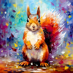 Cute squirrel in forest drawn by oil paints, colorful background