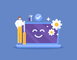 IT support or IT staff. computer technician. Technical support. Operating system troubleshooting. computer system maintenance, installation, and repair. illustration concept design. graphic elements