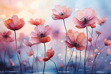 Soft spring, pink and blue watercolor background with copy space and spring flowers