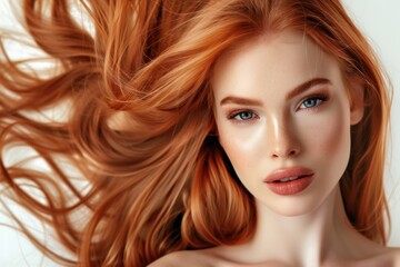 Fototapeta premium Hair care. Beauty and portrait of a happy, cheerful woman with healthy skin on a gray background. Proud of her hairstyle or treatment