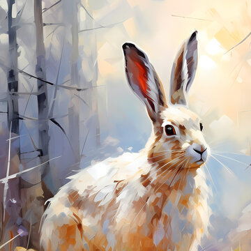 The white hare (Lepus europaeus) in forest drawn by oil paints