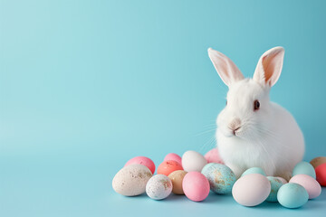 White rabbit and Easter eggs on pastel blue background with copy space.