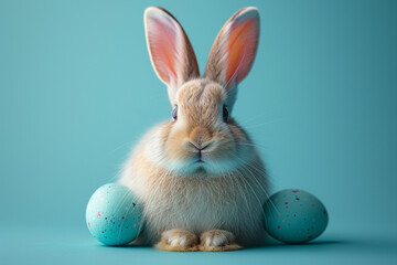Fototapeta na wymiar Brown rabbit on pastel blue background with copy space.