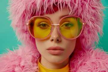 lady with pink fur and sunglasses on isolated background with space for copy