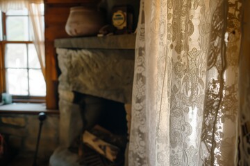 closeup of a lace curtain in a room with a stone fireplace