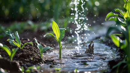 Young plant sprouting with splashes of water.