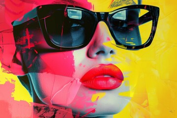 woman wearing black sunglasses and red lips in pop art style
