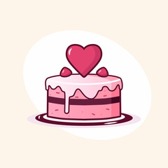 Pink cake with heart and sweet cream, vector in cartoon style