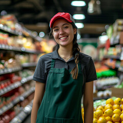 Young smiling supermarket employee against the backdrop of the shelves. AI generative.