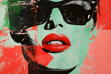 woman wearing black sunglasses and red lips in pop art style
