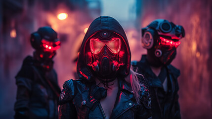Three figures in futuristic masks with red lights.