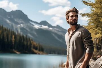 A male tourist in front of a scenic mountain lake with lush green surroundings and cloudy sky