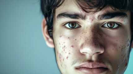 Close-up portrait of a young man with acne. - obrazy, fototapety, plakaty