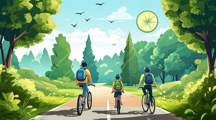 Father and Son Cycling Adventure: Exploring Bike Trails in Lush Spring Greenery - Outdoor Family Fun - obrazy, fototapety, plakaty
