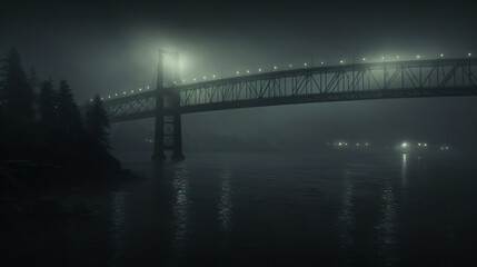 A bridge that is over water with fog on it.
