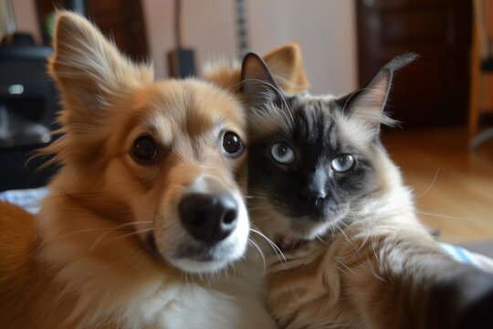 headtilt of dog and cat, capturing a cute selfie moment